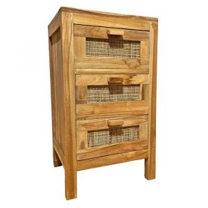 Meubletmoi - Table de chevet 3 tiroirs en teck massif et cannage rotin – camilo