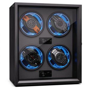 Klarstein Remontoir de montre pour montres automatiques, 4 montres, Porte en acrylique, LED bleues, 4 réglages TPJ, Noir