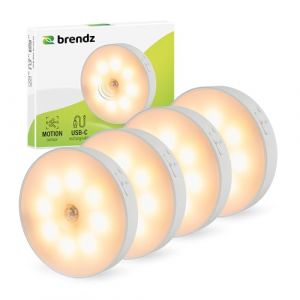 Brendz Lampe de Placard à Détecteur de Mouvement USB-C 3000K Blanc Chaud 4 Pièces Ronde LED Rechargeable Magnétique