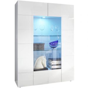 REBECCA - Vitrine 2 Portes Finition Blanc Laqu&eacute; Weiss Relief Damiers et Leds