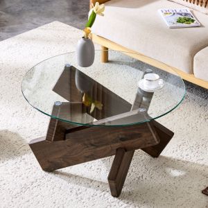 Table basse ronde &Oslash;79 cm x H45 cm &ndash; plateau verre 0,8 cm & design moderne - bois couleur noyer