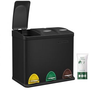 Poubelle de cuisine r&eacute;sistante avec p&eacute;dales et 3 compartiments tri s&eacute;lectif de recyclage en inox noir