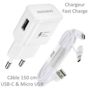 Samsung Pour Galaxy S9 Plus : Chargeur Rapide Usb Original 2a + C&acirc;ble Long Blanc Univ