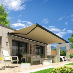 Intersun Store banne coffre ONYX 5,00x3,50 M (Motorisé Secours à Télécommande - Gris Anthracite - Ecrue)