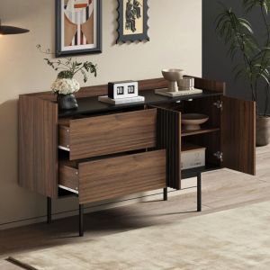 Modfu - Buffet 130x40x80,5cm commode, 2 tiroirs 2 portes, meuble de cuisine avec étagères réglables, mdf, noir + marron foncé