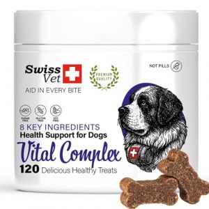 SwissVet &ndash; Multivitamines pour Chiens en bouch&eacute;es tendres &ndash; avec probiotiques, Huile de Saumon, glucosamine, MSM, collag&egrave;ne, chondro&iuml;tine et vitamines &ndash; l&rsquo;&eacute;nergie et la Digestion - 120 Pi&egrave;ces