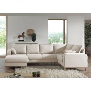 Image de Lga Canapé d'angle panoramique en tissu 7 places droit Couleur Beige Beige