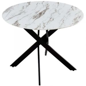 Homy France - Table a manger ronde jessica Black verre effet marbr&eacute; blanc 100 cm