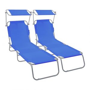 Vounot Lot de 2 Chaise Longue avec Pare Soleil Bain de Soleil Pliable Tissu Polyester Inclinable 4 Positions Transat Charge Max 120KG pour Jardin Terrasse Piscine Plage Camping Bleu
