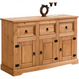 Idimex Buffet TEQUILA bahut commode vaisselier en bois style mexicain avec 3 tiroirs et 3 portes battantes, en pin massif finition teintée/