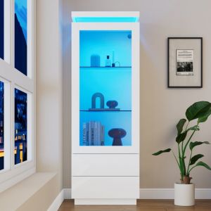 Vitrine 60x40x171cm - Avec 2 tiroirs et 1 porte - Avec éclairage LED - Finition brillante - Verre trempé - Blanc
