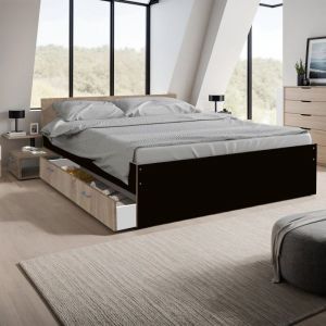 Le Quai Des Affaires - Lit twist 140x190+ 1 chevet + 1 tiroir / Noir et chêne blanchi/ 194x144x65 cm - noir et chêne blanchi