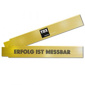 Tox Mètre pliant 2m en jaune - Mètre pliant avec impression Le succès se mesure - Mètre pliant en bois de hêtre avec fonction de mesure d'angle et chiffres décimaux colorés - 9969005-1 pièce