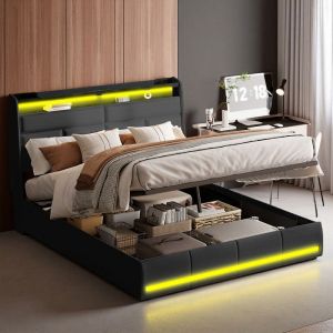 Lit Double 140x200 - Coffre Rangement - M&eacute;canisme Silencieux - &Eacute;clairage LED 6000+ Couleurs - Tissu PU Noir