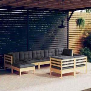 VidaXL Salon de jardin 9 pcs avec coussins gris bois de pin solide