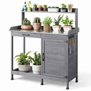 Image de Bealife - Table de Rempotage Placard de Rangement Extérieur Bois Sapin Table Jardinage Plateau Métal 3 Crochets 1 Porte 1 Tiroir Gris