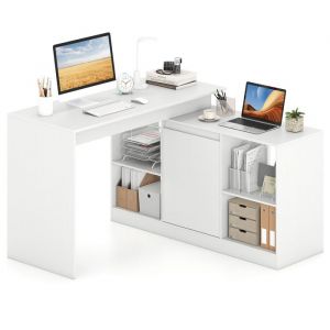 COSTWAY Bureau d'Ordinateur en Forme de L, Bureau d'angle R&eacute;versible avec Armoire &agrave; 2 Portes et 4 Compartiments, Poste de Travail Moderne pour