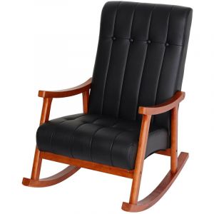 Fauteuil &agrave; bascule MENDLER HWC-K10 Similicuir noir pi&eacute;tement aspect noyer