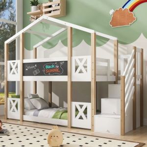 Lit superpos&eacute; 90x200 cm en pin massif - avec un tableau noir et escalier de rangement - Blanc