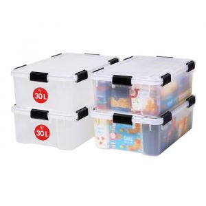 Iris Ohyama Boite Rangement Herm&eacute;tique, 30L, Lot de 4, Transparent, Couvercle avec Joint Etanche, 6 Clips de Fermeture, Empilable, pour Exterieur, Garage, Vetement, Anti Poussiere, Sans BPA, AT-LS