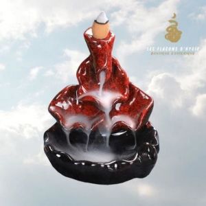 Porte-Encens - C&eacute;ramique - Cascade Feuilles de Lotus Rouge - 10cm - Design Contemporain - Int&eacute;rieur