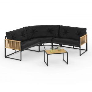 Salon de jardin bas RIO 6 places salon d'angle structure m&eacute;tal et cordage effet rotin avec coussin noir