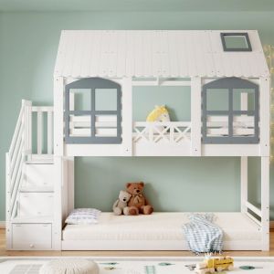 Lit superposé 90x200cm - lit cabane enfant avec toit et fenêtre, grille antichute, 3 escaliers de casiers - pin + mdf, blanc + gris