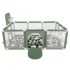Parc Bébé Basket + 200 balles colorées - Selonis - Vert, Turquoise Foncé-Gris-Blanc-Menthe