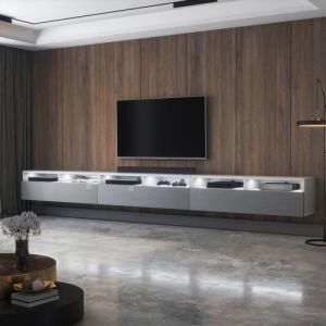 Image de Selsey Rednaw - Meuble TV avec deux tiroirs - 300 cm - fini mat blanc/gris brillant - avec LED