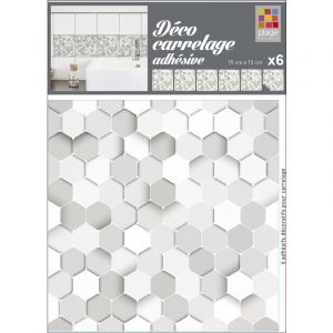 Image de Plage Sticker carrelage adhésif décoratif autocollant, carreaux modernes effet 3D moderne, haxagones en nuances de gris, trompe l'oeil, x6, 15 cm x 15 cm