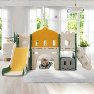 Modfu - Toboggan 6 en 1 pour enfants avec panier de basket, escalade, perçage, intérieur/extérieur, toboggan de jardin, pehd, sans ballon océan, vert