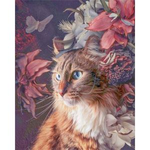 Figured'Art Peinture par Num&eacute;ro Adulte Chat Fleurs et Papillon - Kit de Loisir Cr&eacute;atif DIY Num&eacute;ro d'Art - 40x50cm sans ch&acirc;ssis