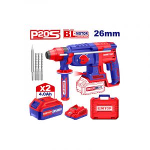 Marteau perforateur Burineur sans fil EMTOP 20V avec 1 chargeur + 2 Batteries 4.0Ah Lithium-ion Moteur brushless avec 3 forets et 1 ciseau à bois Rota