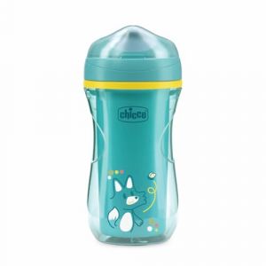 Chicco Active Cup Tasse en plastique anti-goutte pour enfants 266 ml, gobelet pour biberon 14+ mois pour apprendre à boire, thermique avec bec ergonomique anti-morsure et valve Easy-Sip, sans BPA,Azur