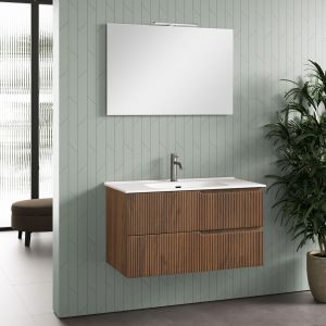 Ensemble suspendu simple vasque ZIP 100 cm - 2 tiroirs + miroir + applique LED - chêne foncé