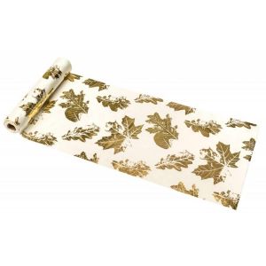 Ruedelafete Chemin de table velours CRÈME avec Feuilles d'Automne Or métallisé 3m