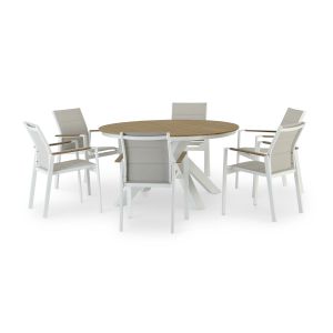 Table ronde blanche et 6 chaises textiles