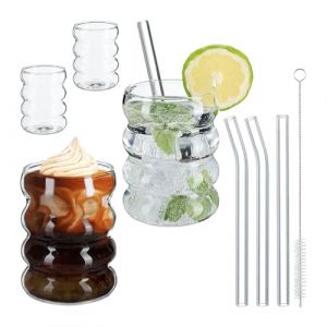Relaxdays Verre à Boire, en Lot de 4, Design Original, capacité de Chaque : 350 ML, 4 pailles, Transparent