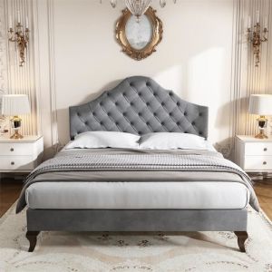 Lit double capitonn&eacute; avec sommier &agrave; lattes en bois et t&ecirc;te de lit r&eacute;glable en nuage pour adolescent, enfant - lit en velours gris 140x200cm