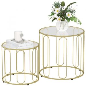 Homcom Lot de 2 tables basses gigognes rondes style Art déco métal doré verre trempé