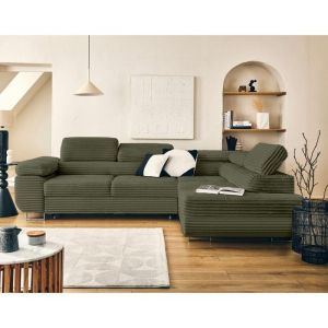 Zaria - canap&eacute; dangle droit 5 places convertible avec coffre et t&ecirc;ti&egrave;res en velours c&ocirc;tel&eacute; grosses c&ocirc;tes - Vert Kaki