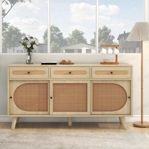 Buffet haut - JAERLIUB - 140 cm - Bois avec porte en rotin - 3 tiroirs - 3 portes coulissantes