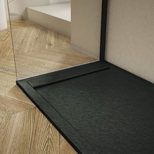 Stano Receveur de douche 70x140cm extra plat RIBERA en résine surface ardoisée noir Grille noire