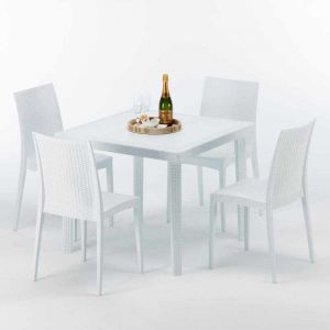 Image de Grand Soleil Table carrée et 4 chaises Poly rotin resine colorées 90x90 blanc | Bistrot Blanc