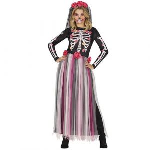 FIESTAS GUIRCA Costume Squelette Roses Jour des Morts - Robe Longue Avec Voile Fleuri Halloween Déguisement Femme Taille 42-44 L