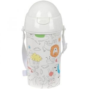Safta PREESCOLAR ZOO - Bouteille &agrave; ouverture automatique, avec paille, bouteille d'eau, sans BPA, avec bandouli&egrave;re, confortable et l&eacute;g&egrave;re, 500 ml, 7,3 x 19,5 cm, beige, M, D&eacute;contract&eacute;