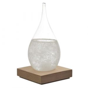 HOME DECO FACTORY, HD0384, Verre Tempête H17 cm - Objet déco élégant et Fonctionnel, baromètre Original avec Cristaux, Socle en Bois, s'intègre dans Tous Les Styles - Blanc, Marron, Transparent