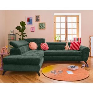 Canapé d'angle gauche convertible 5 places en velours texturé vert