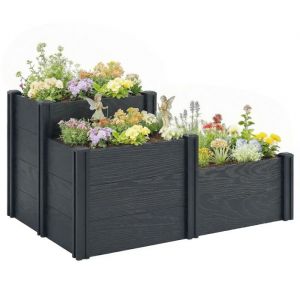 Outsunny Jardini&egrave;re sur&eacute;lev&eacute;e - 3 niveaux &eacute;tag&eacute;s - fond ouvert - pour fleurs, l&eacute;gumes - plastique - 120x80x64cm - effet bois gris