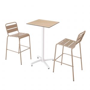 Image de Table haute carrée inclinable chêne naturel 60 x 60 cm en HPL pied blanc et 2 chaises hautes en métal